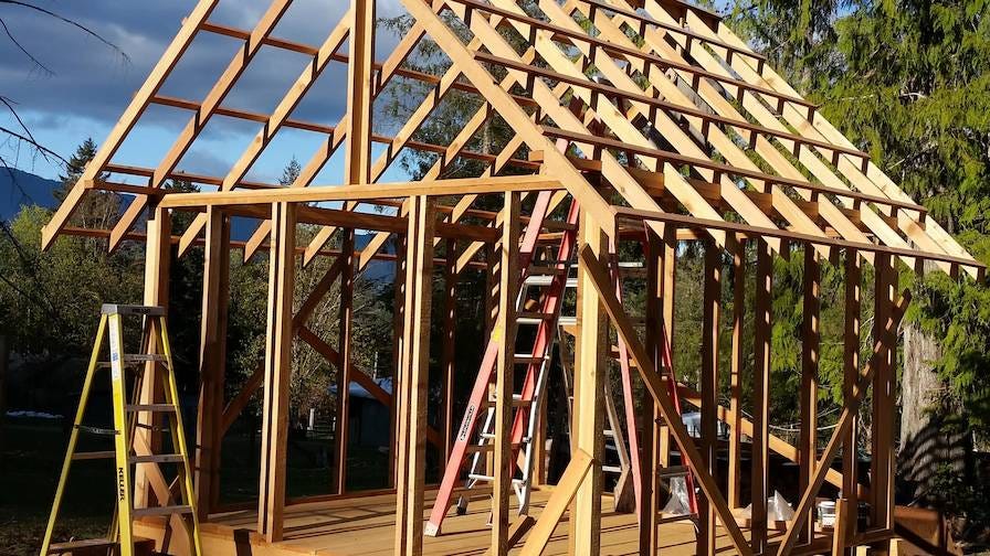 Douglas fir timber frame for greenhouse in British Columbia